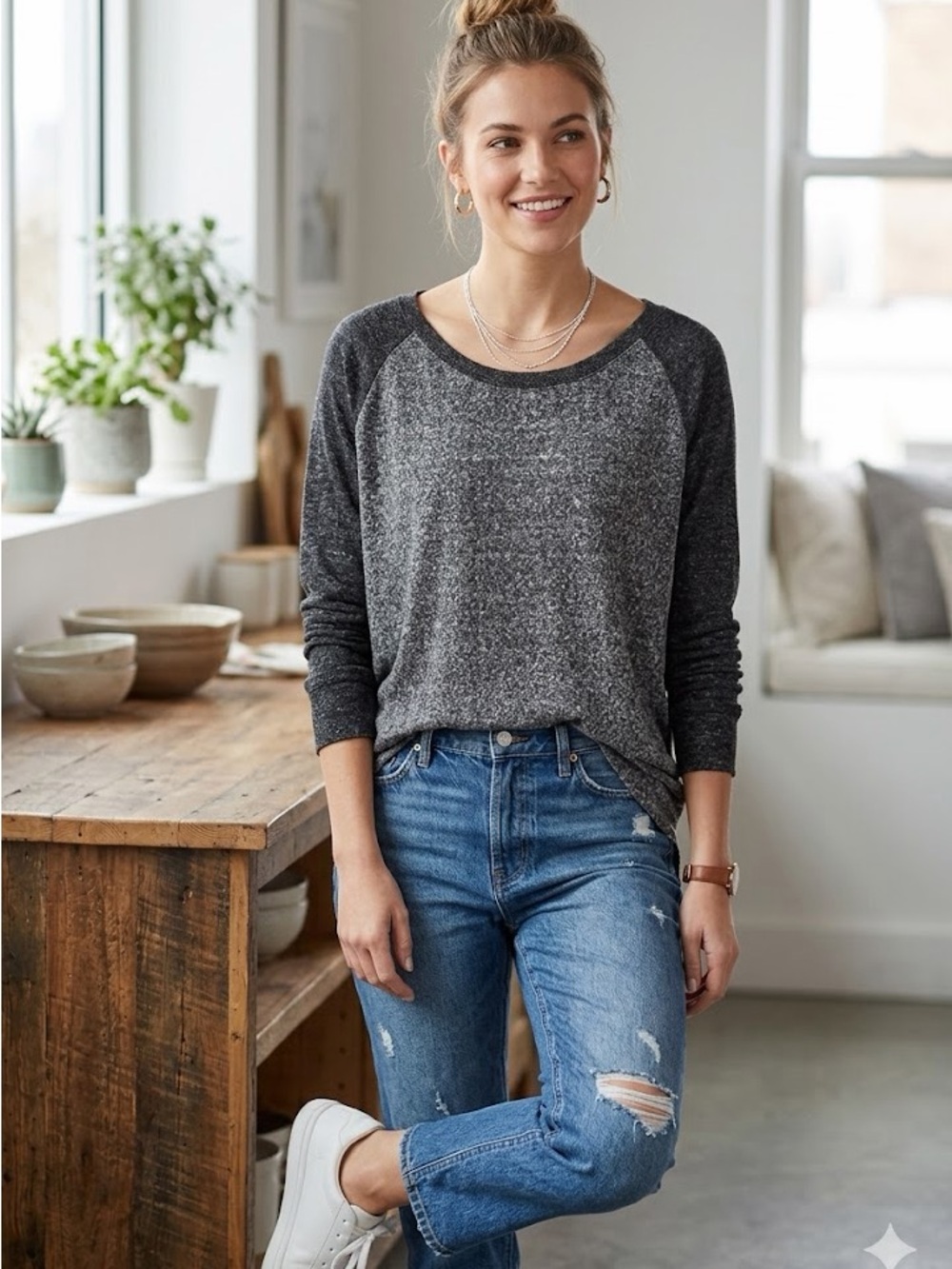 Caslon Charcoal Knit Contrast Sweater Top Size XL